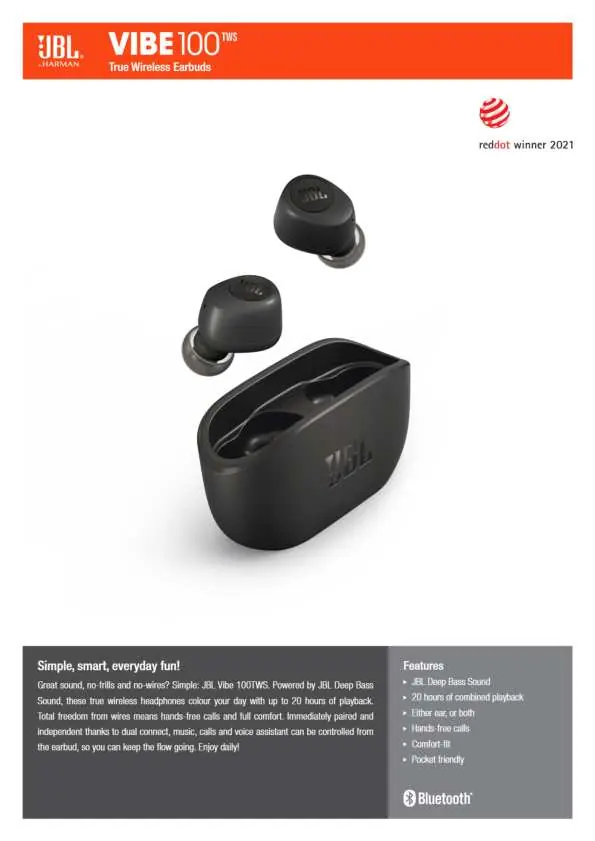 Słuchawki JBL VIBE 100TWS z etui ładującym