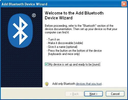 Przygotuj urządzenie Bluetooth i zaznacz gotowość w kreatorze.