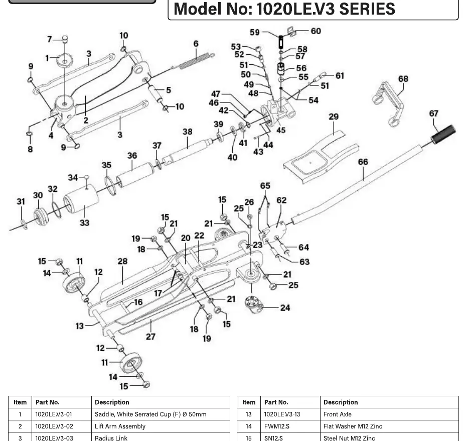 Schemat budowy podnośnika hydraulicznego Sealey 1020LE.V3