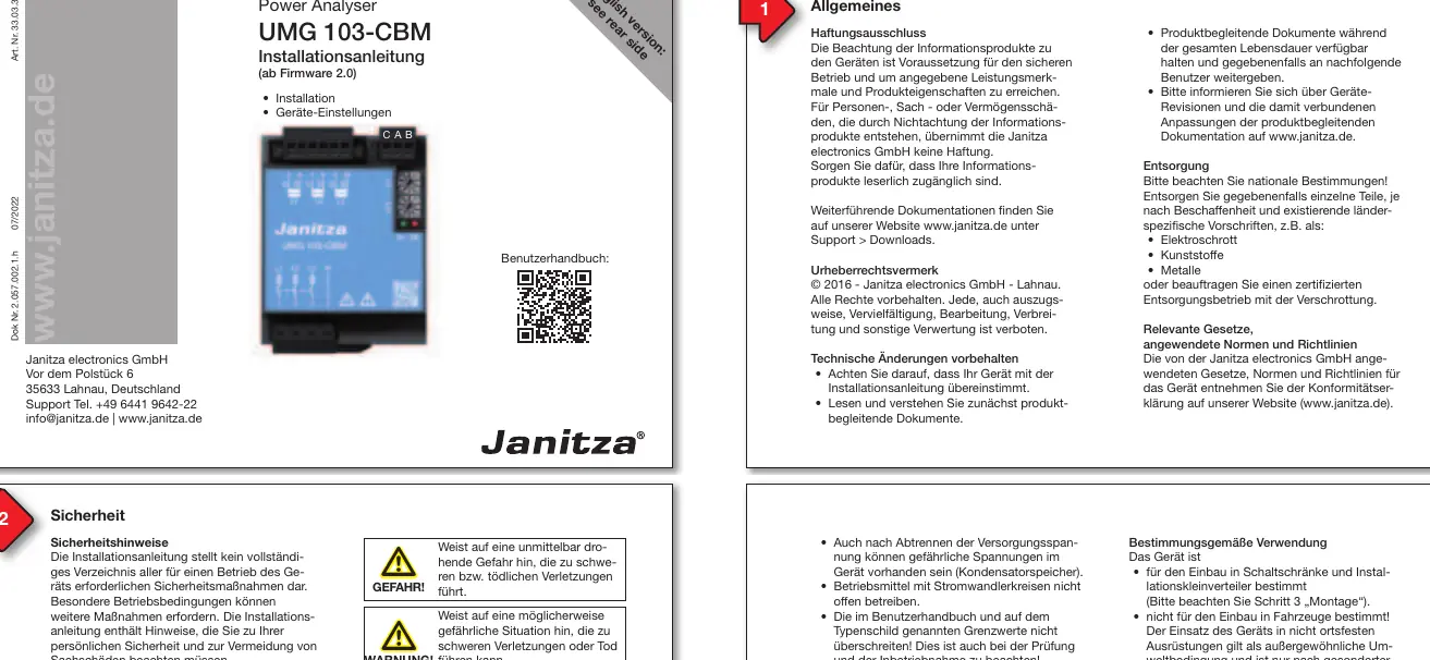 Widok urządzenia Janitza UMG 103-CBM z oznaczeniami złączy oraz kodem QR do instrukcji użytkownika.