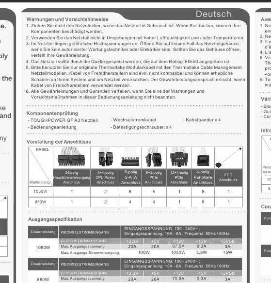 Tabela złączy i specyfikacja kabli dla modeli 1050W i 850W