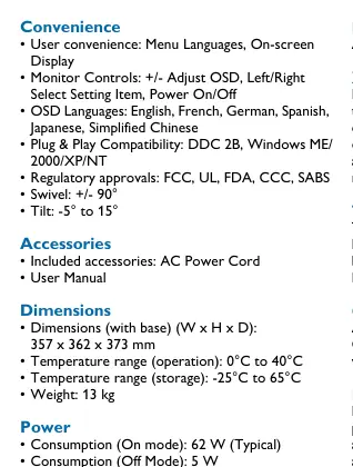 Tabela parametrów technicznych monitora