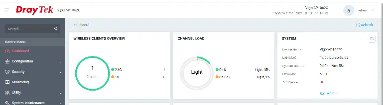 Sprawdź status urządzenia na pulpicie nawigacyjnym (Dashboard), w tym liczbę podłączonych klientów i obciążenie kanałów.