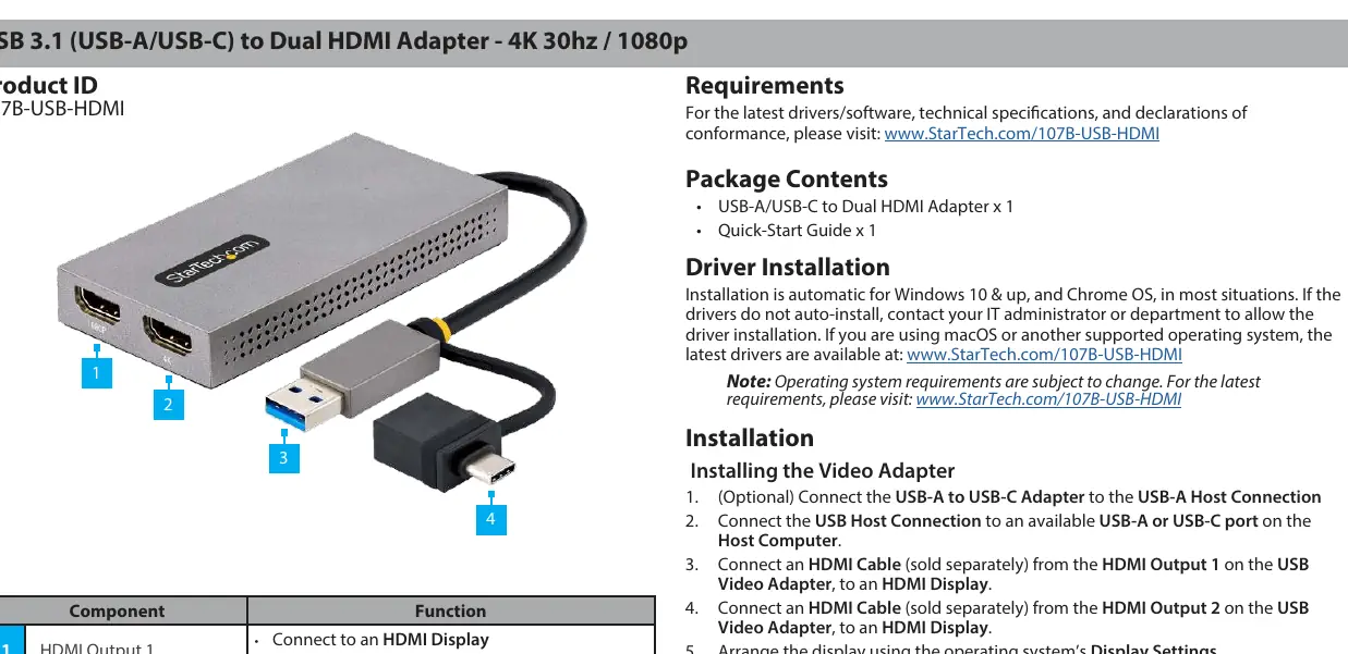 Widok złączy adaptera: dwa porty wyjściowe HDMI, złącze USB-A oraz dołączona przejściówka na USB-C.