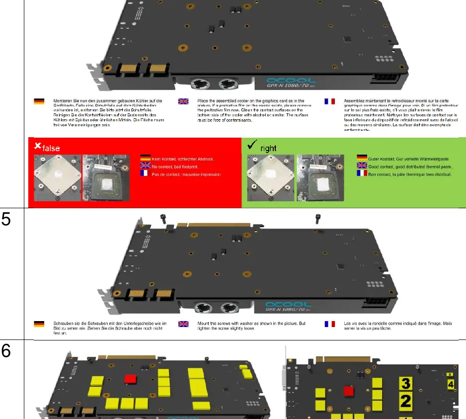 Instrukcja montażu bloku wodnego na karcie graficznej, weryfikacja poprawnego rozprowadzenia pasty termoprzewodzącej oraz dokręcanie śrub montażowych.