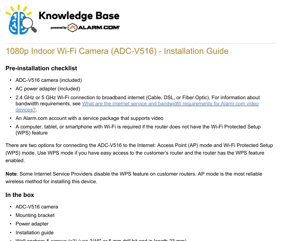 Lista kontrolna przed instalacją kamery ADC-V516