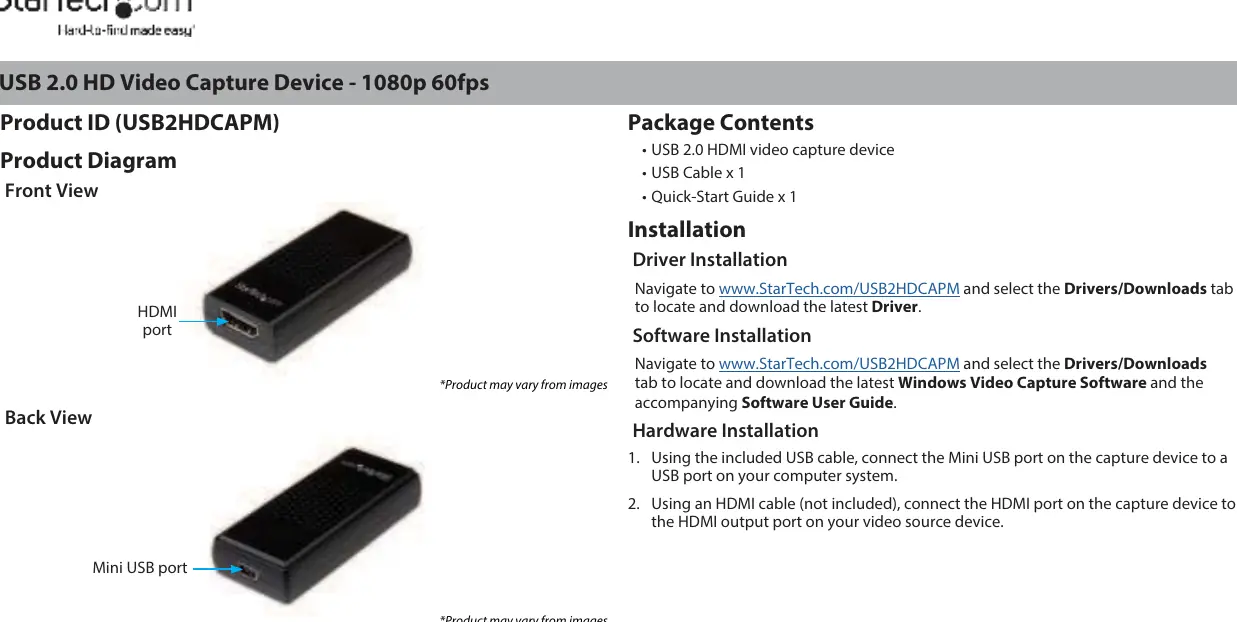 Widok urządzenia z przodu z portem HDMI oraz z tyłu z portem Mini USB.