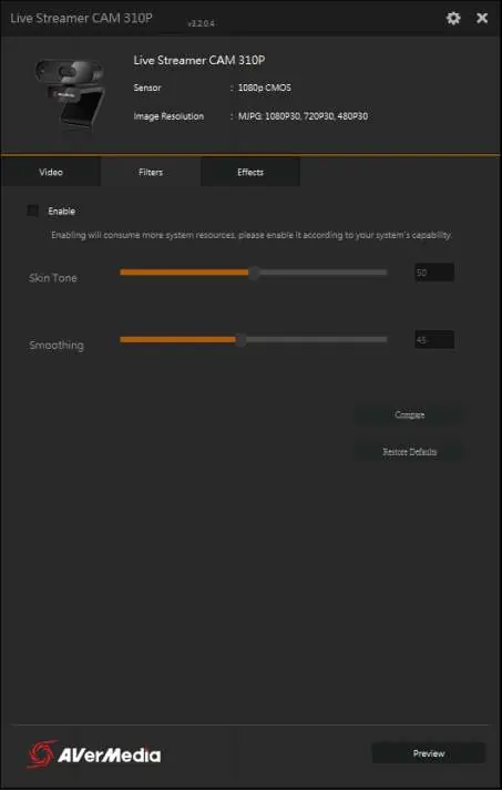 Interfejs CamEngine dla Windows - zakładka wideo