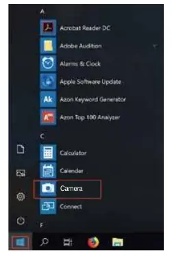 Wybór aplikacji Aparat w systemie Windows 10.