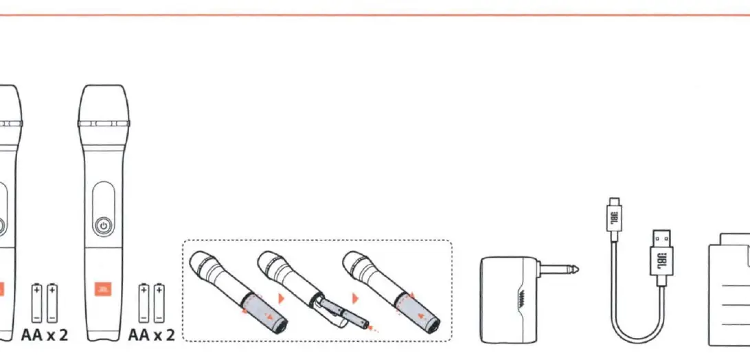 Zawartość zestawu: mikrofony, baterie, odbiornik i kabel USB.