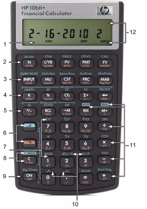 Schemat klawiatury kalkulatora HP 10bII+