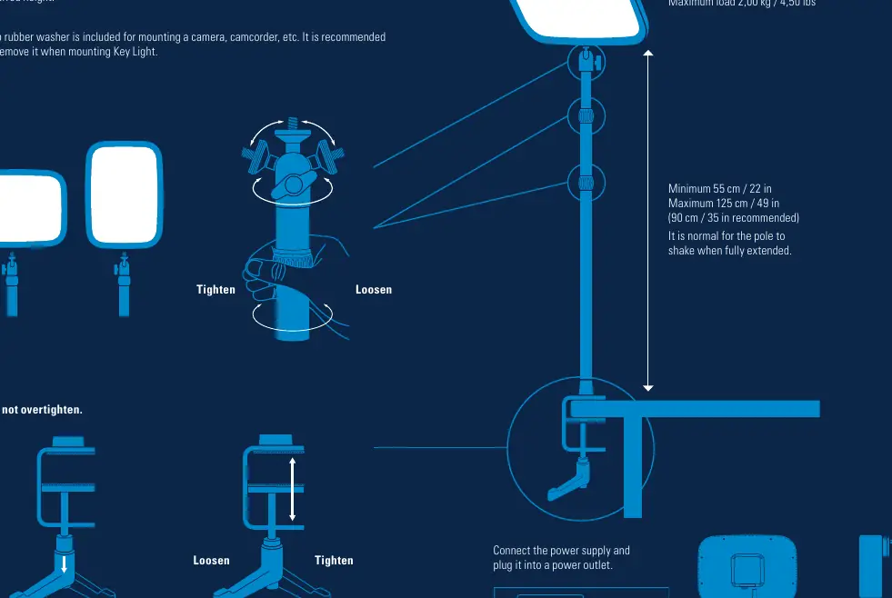 Schemat montażu lampy na statywie i regulacji wysokości
