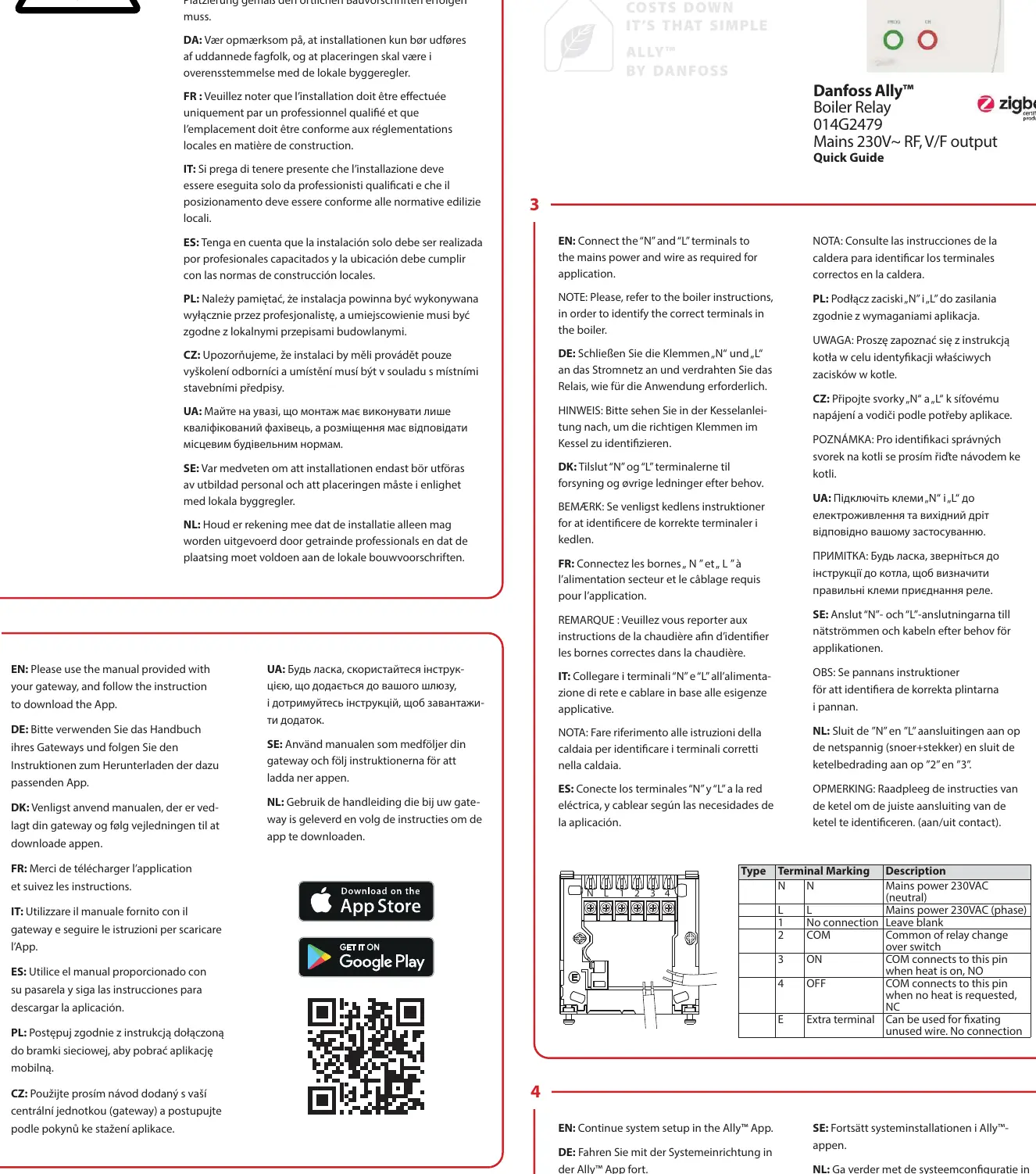 Schemat podłączenia przewodów do zacisków przekaźnika oraz tabela z opisem styków