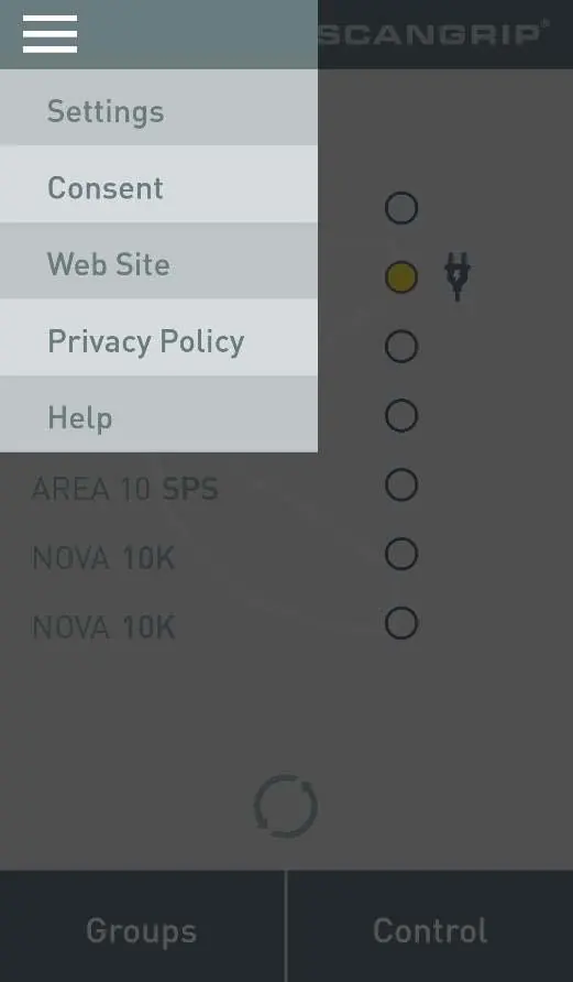 Menu ustawień aplikacji Scangrip