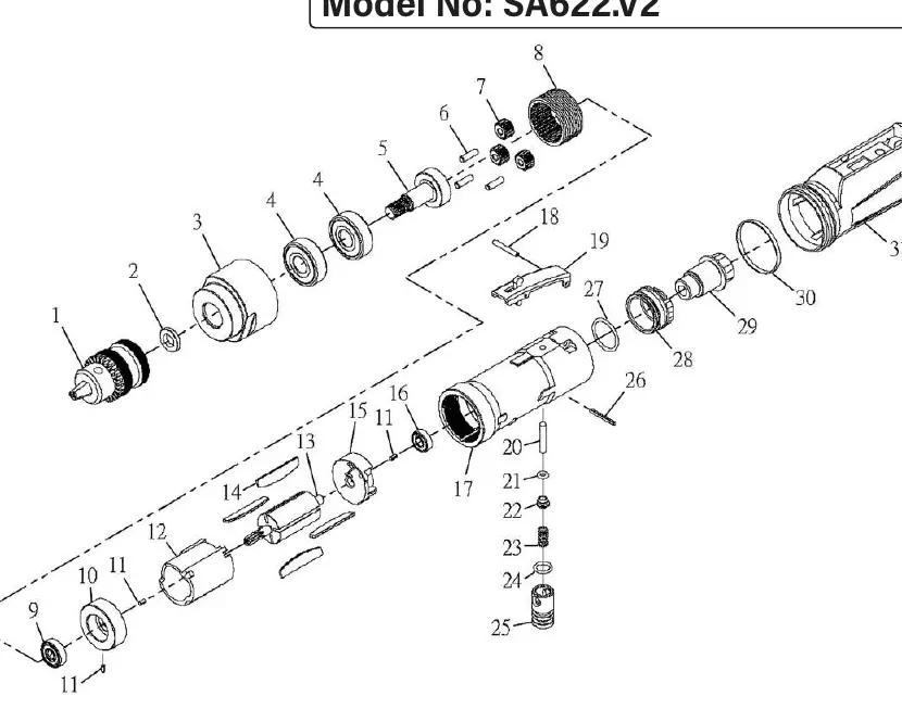 Schemat budowy wiertarki pneumatycznej Sealey SA622.V2