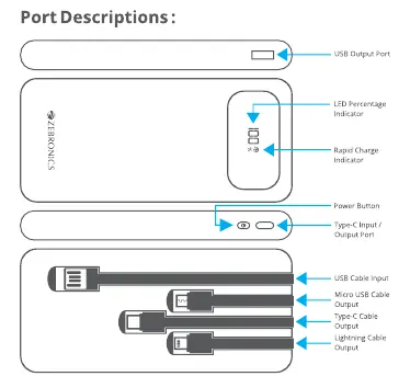 Schemat portów i wskaźników powerbanku