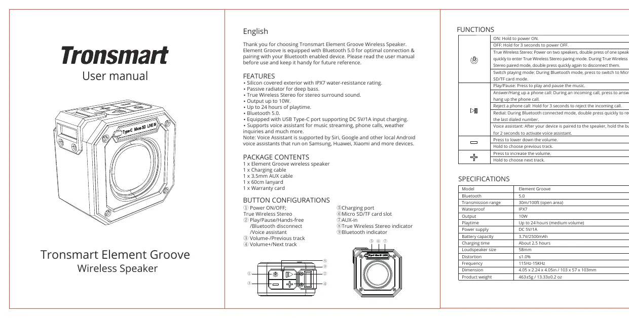 Schemat przycisków i portów głośnika Tronsmart Element Groove