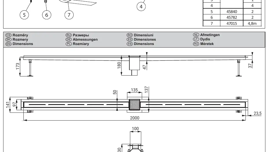 Wymiary techniczne rynny SLKN 01 / SLKN 01L