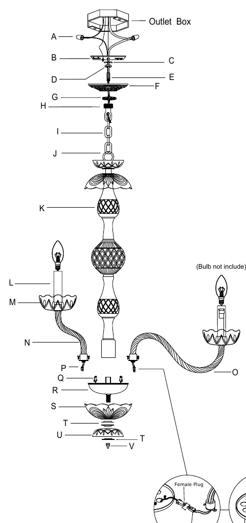Widok rozstrzelony (exploded view) przedstawiający kolejność montażu wszystkich elementów żyrandola.