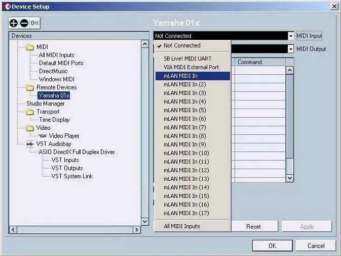 Wybór urządzenia Yamaha 01X w oknie Device Setup