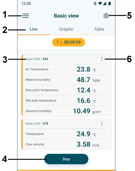 Interfejs aplikacji Testo Smart