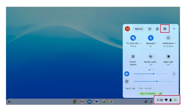 Menu ustawień touchpada w systemie Chrome OS.