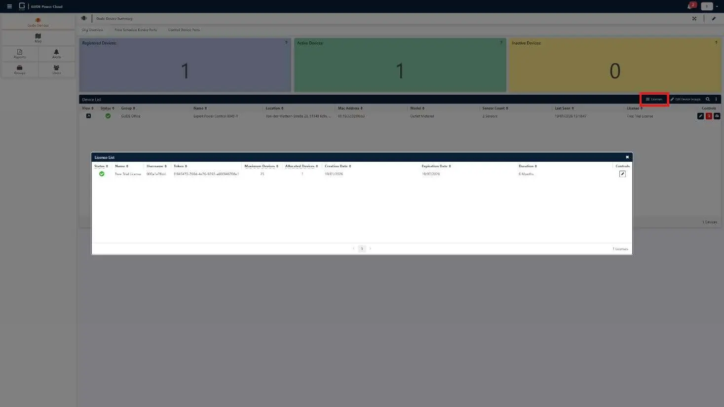 Widok listy licencji w panelu GUDE Power Cloud