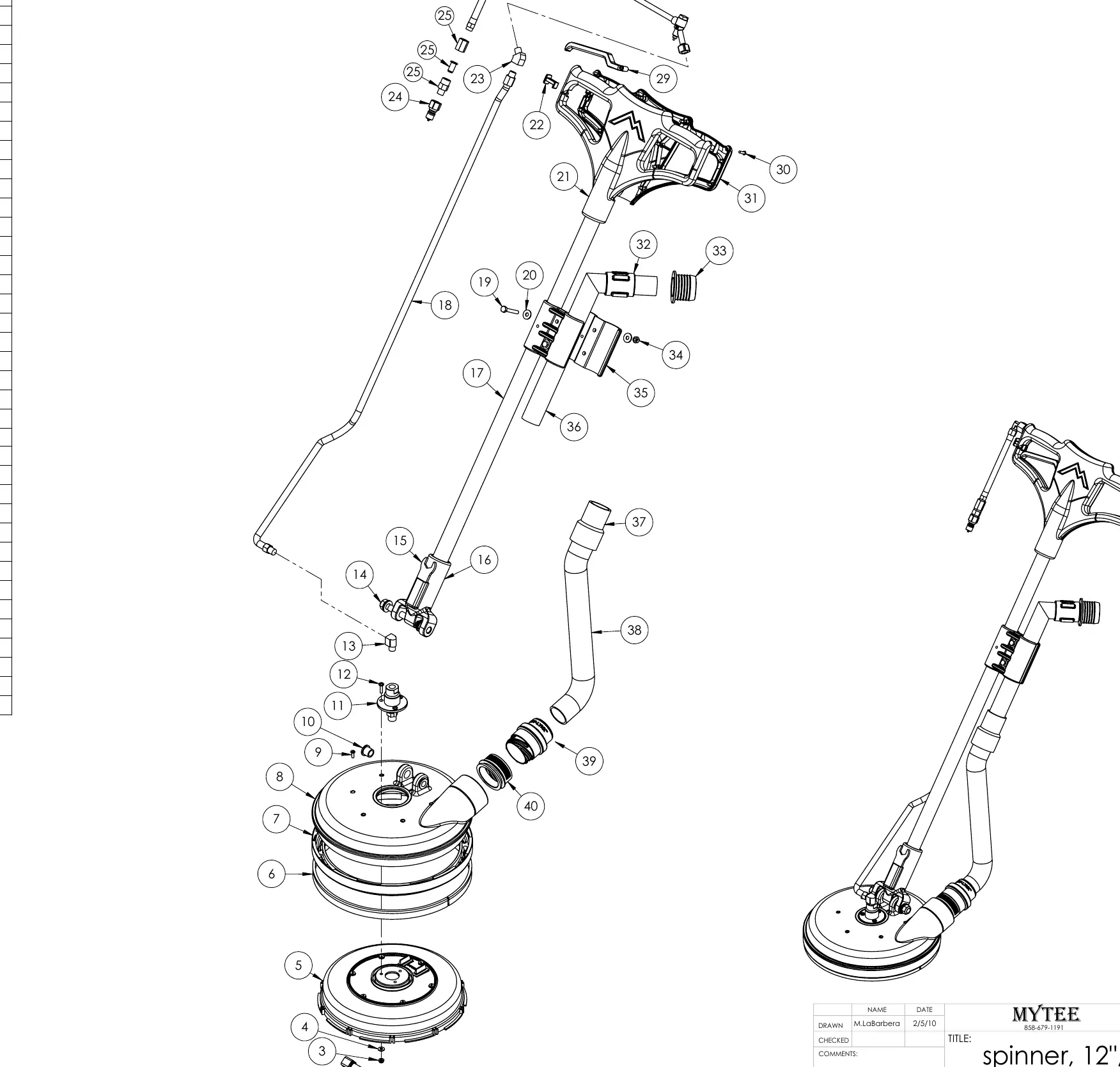 Schemat budowy (exploded view) urządzenia Mytee 12-inch Spinner T-Handle