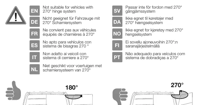 Ostrzeżenie: Nie montować w pojazdach z zawiasami 270°