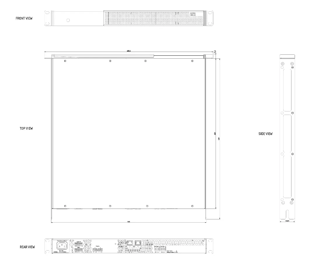 Rysunek techniczny z wymiarami wzmacniacza Biamp Voltera D 1200.2M