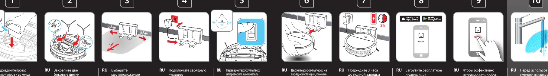 Kroki instalacji: akumulator, szczotki, stacja dokująca i włączanie zasilania.