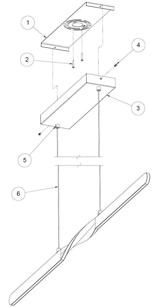Schemat montażu lampy wiszącej z oznaczeniem elementów (1-6).