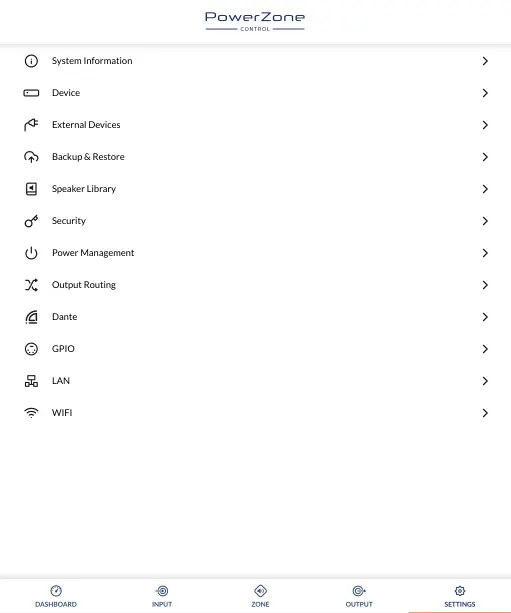 Menu Settings w interfejsie PowerZone Control