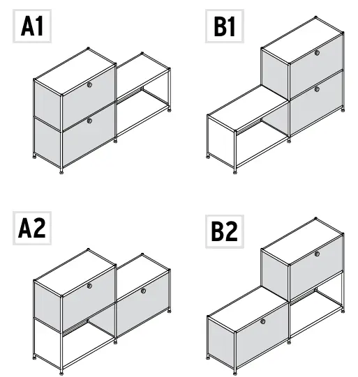 Dostępne warianty konfiguracji komody (A1, A2, B1, B2)