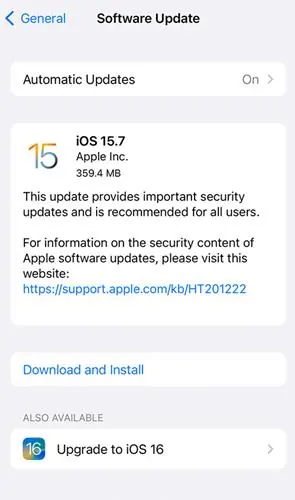 Ekran aktualizacji oprogramowania iOS
