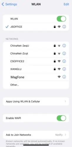 Ekran ustawień sieci Wi-Fi