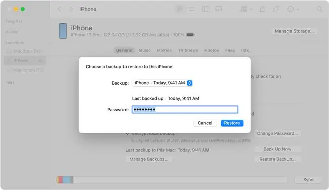Ekran odtwarzania kopii zapasowej w iTunes/Finder
