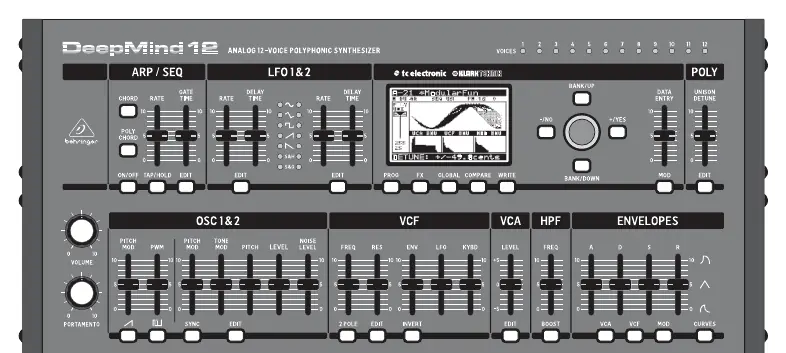 Panel przedni syntezatora Behringer DeepMind 12D