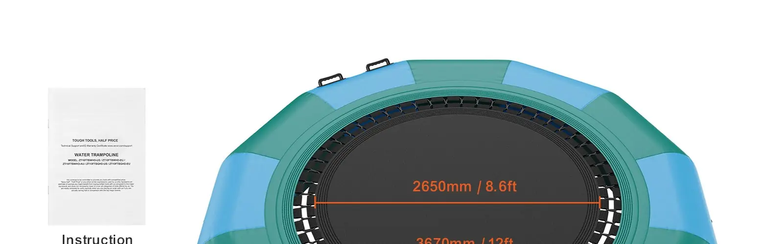 Trampolina wodna VEVOR 12ft - widok ogólny i wymiary