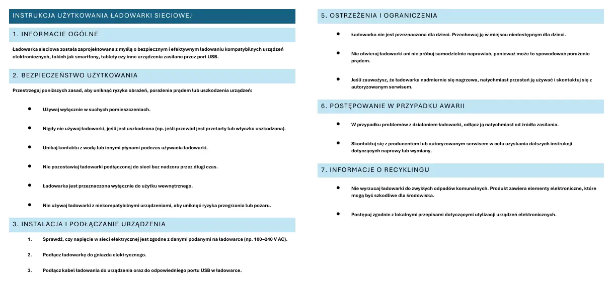 Zasady bezpieczeństwa, instrukcja instalacji oraz wytyczne dotyczące utylizacji ładowarki sieciowej.
