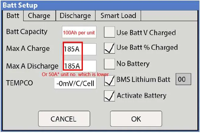 Menu Battery Setup - parametry główne