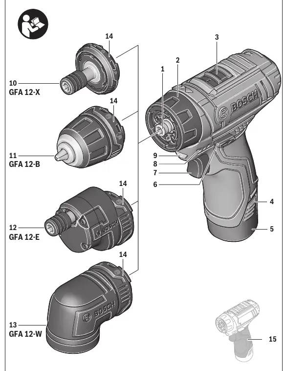 Schemat budowy wiertarko-wkrętarki GSR 12V-15 FC z wymiennymi nasadkami.