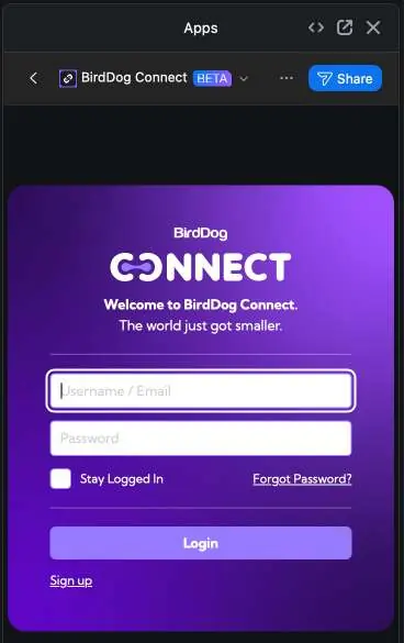 Ekran logowania do BirdDog Connect