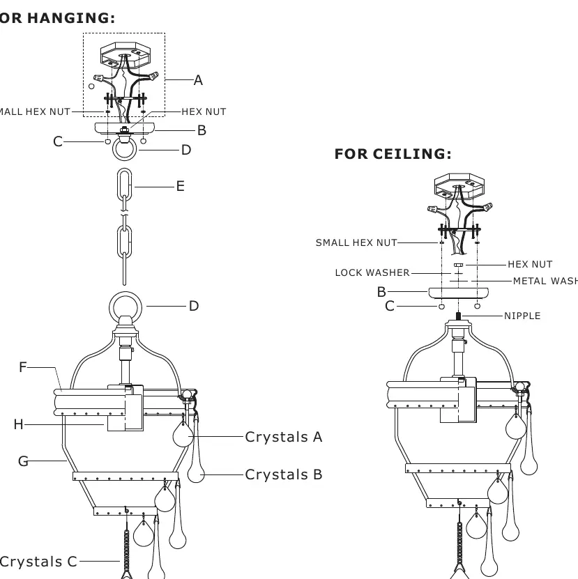 Schemat części (exploded view) dla instalacji wiszącej i sufitowej