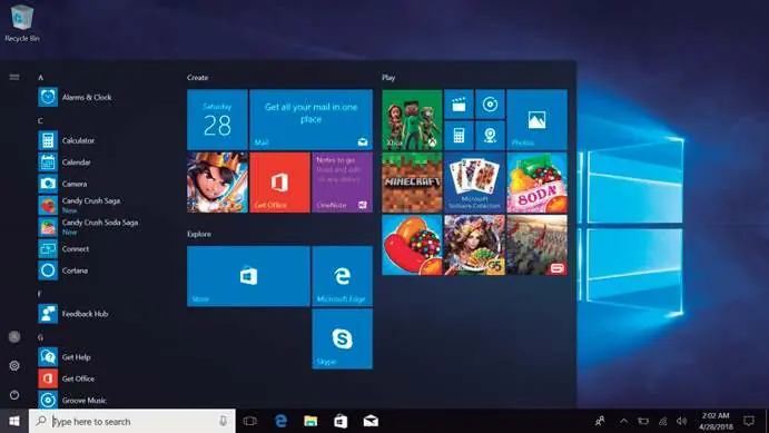 Interfejs menu Start w systemie Windows 10