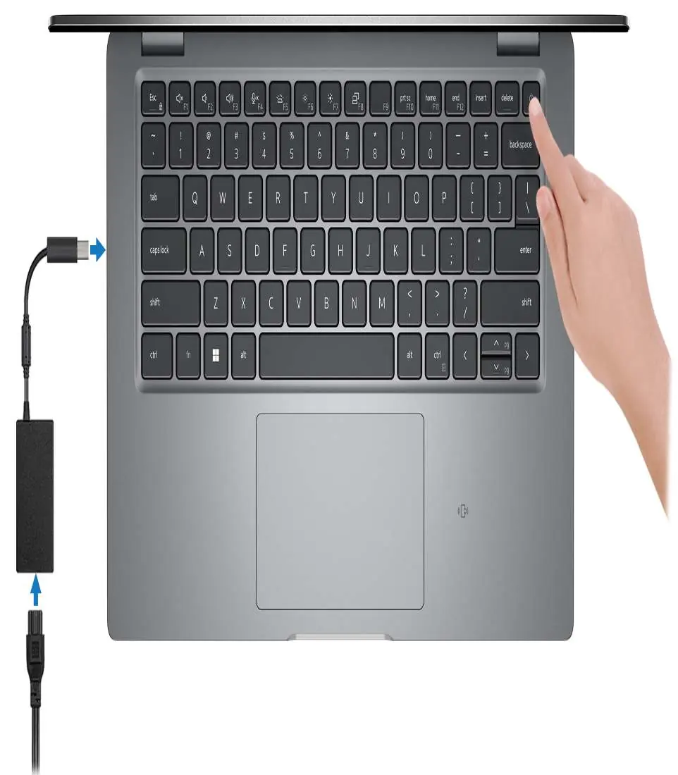 Podłączanie zasilacza i uruchamianie laptopa