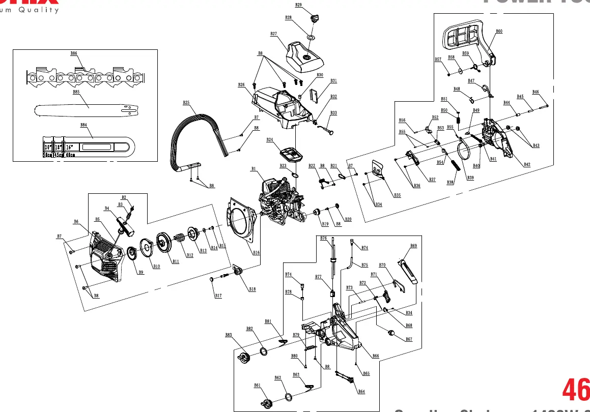 Schemat budowy (exploded view) pilarki spalinowej Ronix 4635