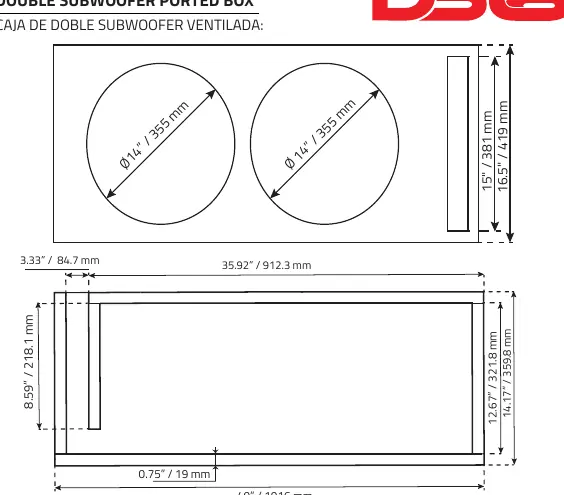 Schemat budowy obudowy wentylowanej dla dwóch subwooferów