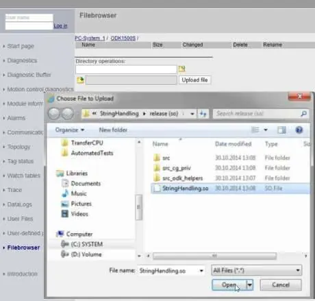 Przesyłanie pliku SO przez Filebrowser
