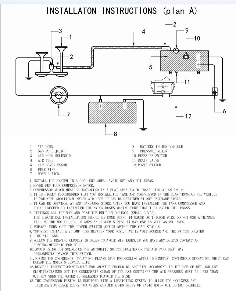 Schemat instalacji zestawu klaksonów (Plan A)